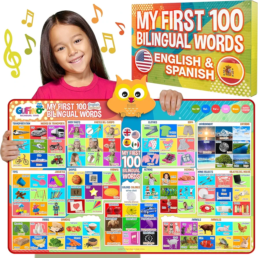 First 100 Words Electronic Poster | English & Spanish Bilingual - Toddler Learning Toys 3 - Best Kids Learning Toys & Engaging Educational Play