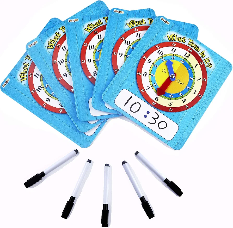 ZazzyKid Time Learning Analog Clock for Kids - Pack of 5 (7 x 8 Inches) with 5 Erasable Markers: Teach Children to Tell The Time