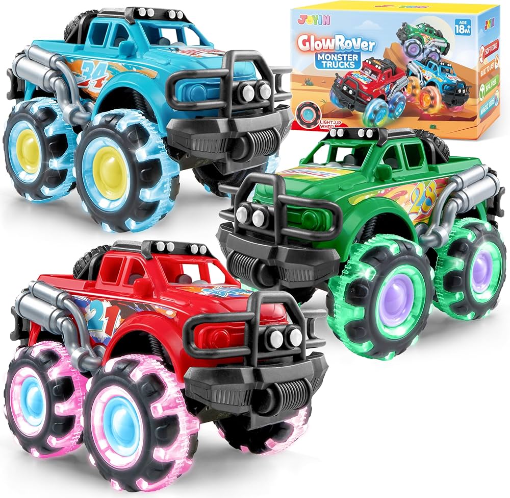 Vroomix 3Pack Monster Truck Toy - Toy Truck with Flashing LED Wheels - Light-Up Cars for Toddlers - Birthday Gift for Boys Girls - Friction-Powered