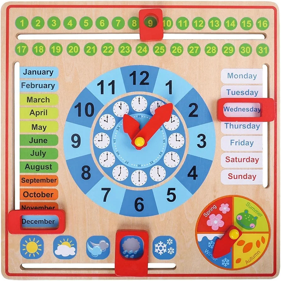 Pidoko Kids Montessori Toys for Toddlers 3 Years - 4 Year Old Learning Materials for Preschool - All about Today Board - Wooden Calendar and Learning Clock - Educational Gifts for Boys and Girls