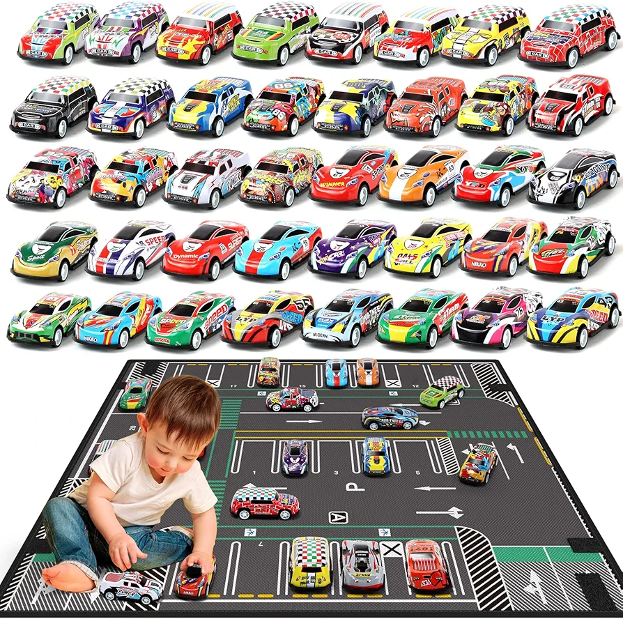 Pull Back Car Toys for Toddlers Kids 3, 40 Pack Colorful Mini Diecast Race Cars with Play Mat (Storage Bag), Birthday Gift for Boys and Girl 3 4 5 6 7 8 Years Old