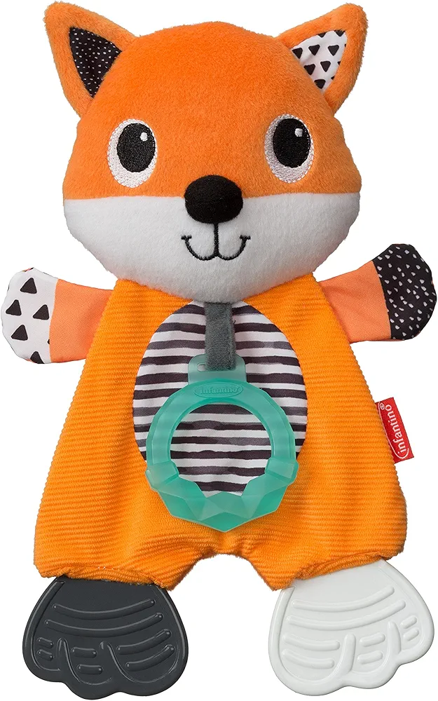 Infantino Cuddly Teether, Fox Character, 3 Textured Teething Places to Soothe Sore Gums, BPA-Free Silicone, Soft Fabric Textures to Explore, Crinkle Sounds to Discover, for Babies 0M+