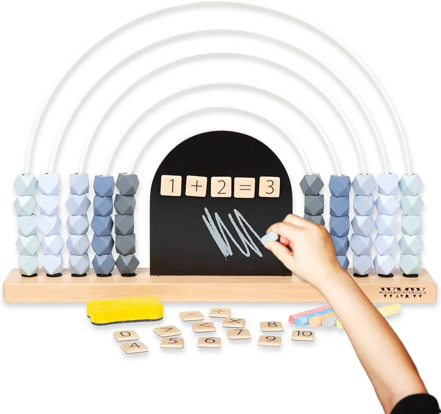 Large Blue Rainbow Abacus for Kids Math with Magnetic Chalkboard - Learn Counting, Adding & Subtracting - Wooden Bead Maze - Educational Toys for 3 Year Old and Older - Montessori Toys - 17 inches