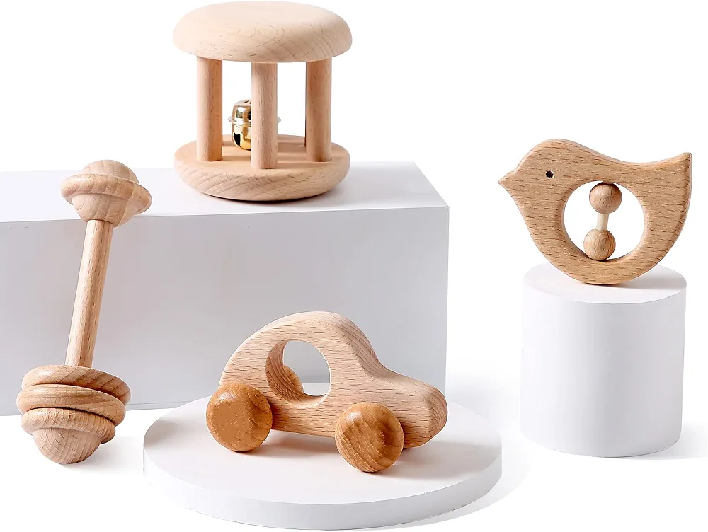 Wooden Baby Toys Wooden Rattle 4PC Handmade Natural Organic Preschool Baby Grasping Toy