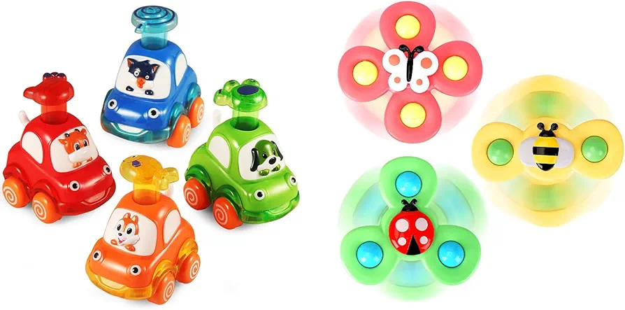 ALASOU 3 PCS Suction Cup Spinner Toys and 4 PCS Animal Car Toys for Infant and Toddlers