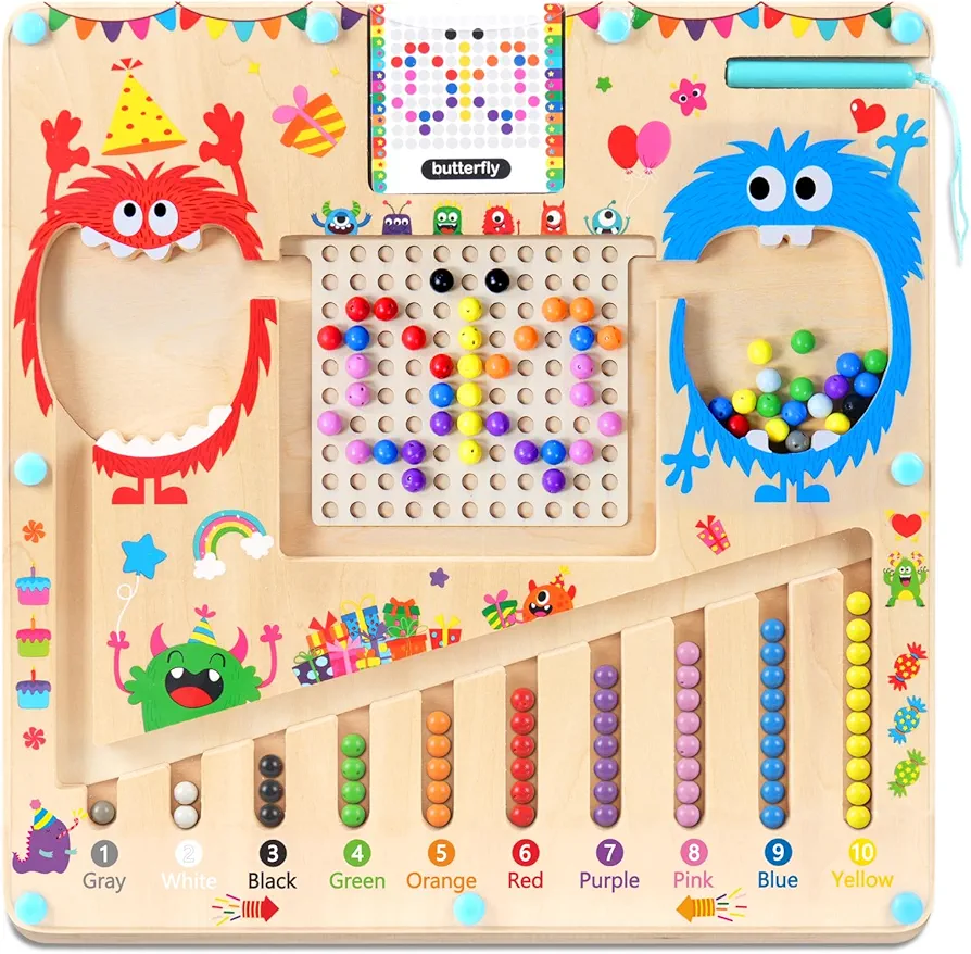 Magnetic Color and Number Maze - 2 in 1 Wooden Montessori Toys for 3+ Year Old, Magnetic Drawing Board for Matching Learning Counting, Fine Motor Skills Toys for Boys Girls 3 4 5 Years Old