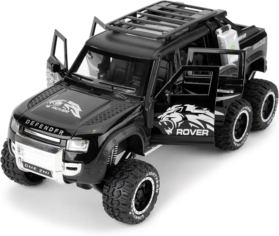 Toy Car Compatible for 1:24 Land Rover Defender Six Wheels Off Road Pickup Car Model, Pull Back Diecast Truck Collectible Truck with Sounds＆Lights for Kids Boys Girls and Adults, Gift (Black)