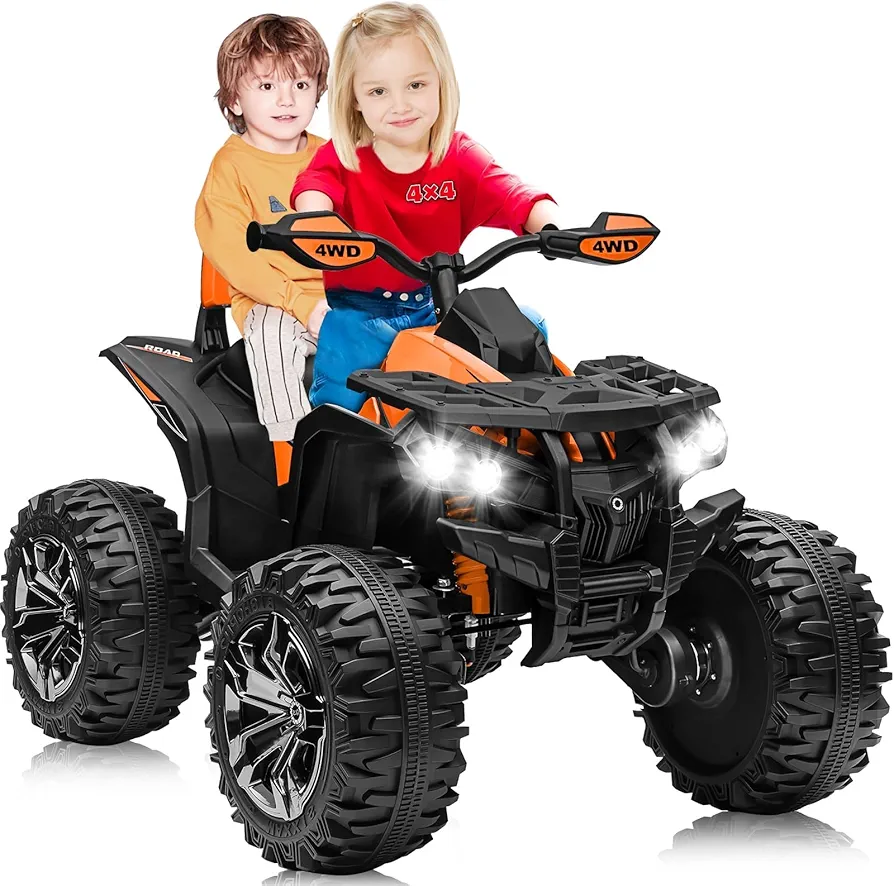 24V 2 Seater Ride on Toys, JOYRACER 4x4 Kids Quad ATV w/4x200W Powerful Engines, 9AH Battery Powered Electric Vehicle w/LED Light Bluetooth, Spring Suspension, MP3, USB, 4 Wheeler for Boy Girl, Orange