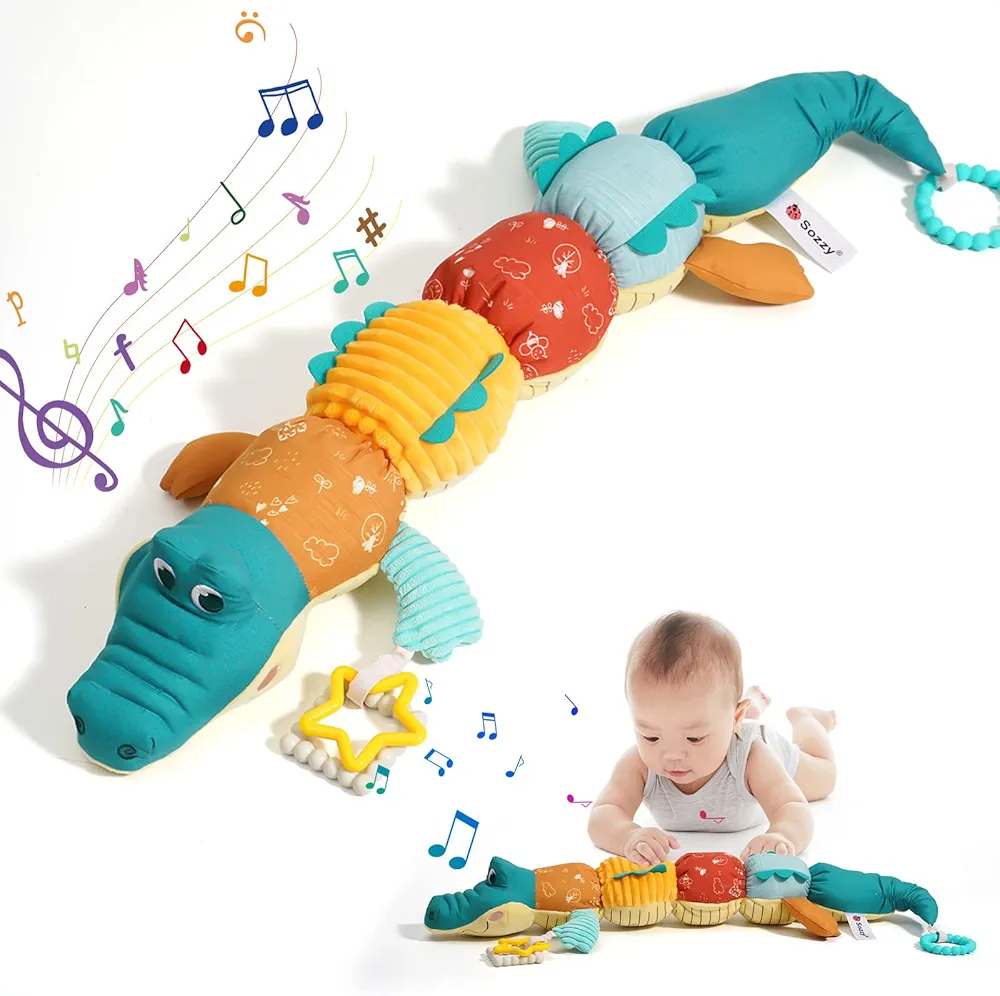 Tummy Time Toys 0-6 Months Baby Musical Stuffed Animal Infant Toys with Ruler Design, Rattle and Multi-Textures, 0-3-6-12 Months Newborn Toys for babies, Alligator & Crocodile