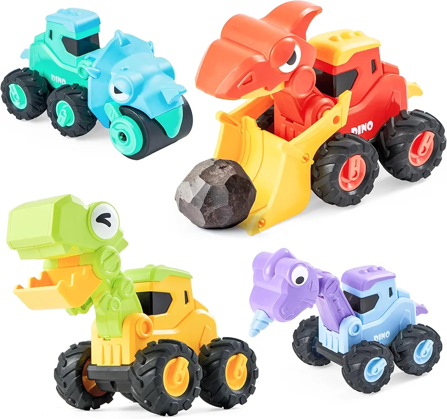 JOYIN Dinosaur Truck Toys for Toddlers, Baby car Toy for 1 2 3 Years Old Boys Girls, 4Pack Construction Vehicles Set, Dinosaur Racing Car Toys, First Birthday Gifts for Toddlers, Press & Go