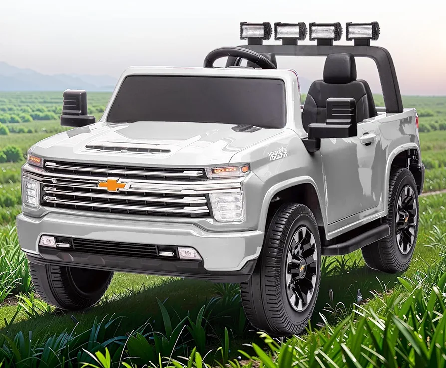 24V Ride on Truck Car for Kids, 2 Seater Ride on Toy Licensed Chevrolet Silverado with Remote Control, 4x4 Battery Powered Motors Pickup Truck for Boys Girls, with Soft Start, Music, LED Lights, White