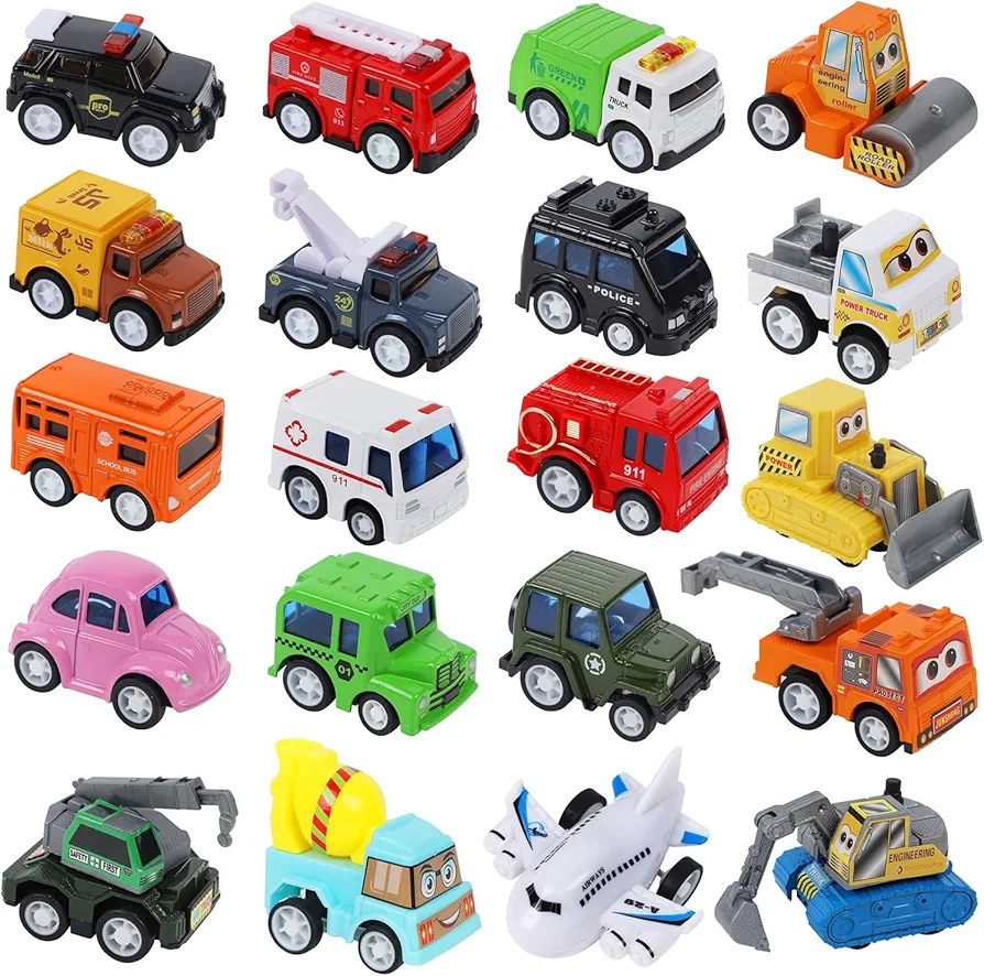 Juegoal 20 Piece Pull Back City Cars & Trucks Toy Vehicles Set for 3-6 Year Old Toddlers, Model Alloy Car Mini Vehicle Toys, Boy Girl Educational Play, Easter Basket Stuffers Egg Fillers Party Favor