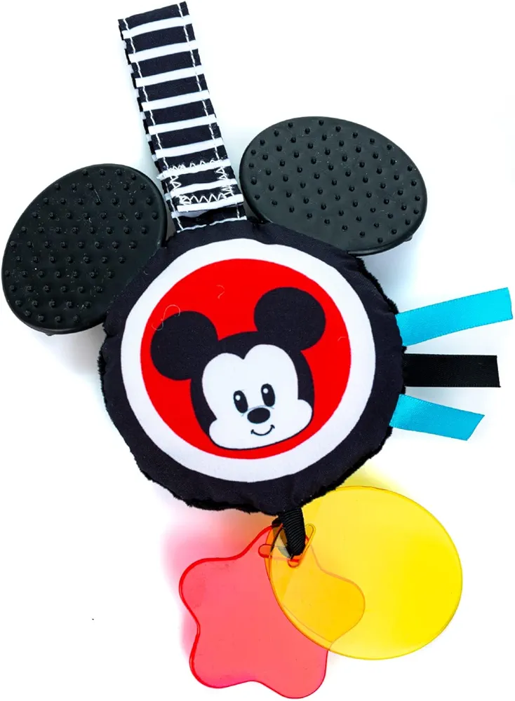 KIDS PREFERRED Disney Baby Mickey Mouse Hanging Toy, Black and White High Contrast Crinkle Plush, Boys and Girls Ages 0+, Stroller On The Go Activity Toy (81246)