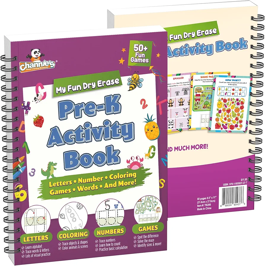 Channie's Pre-K Dry Erase Activity Book, Preschool Workbook with Fun Educational Learning Activities for Kids, Ages 3-5, 50+ Games, Colors, Letter-Tracing, Counting, Mazes, and More!