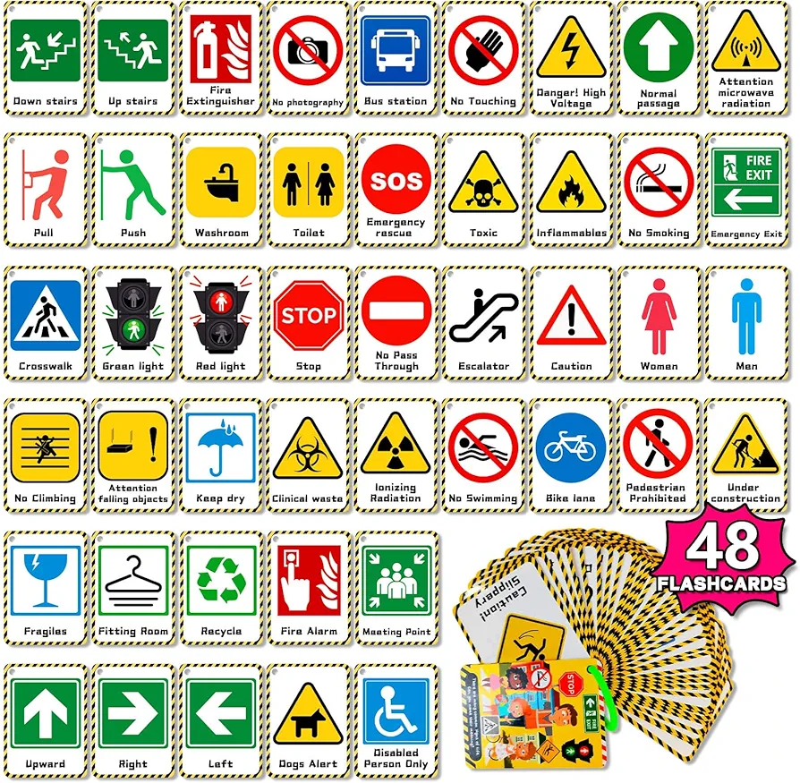 Traffic Road Signals Sign Flashcards - 48PCS Behavior Traffic Road Signals Sign | Educational Traffic Cards | Preschool Educational Learning Flashcards | Survival Signs Learning Flashcards for Kids