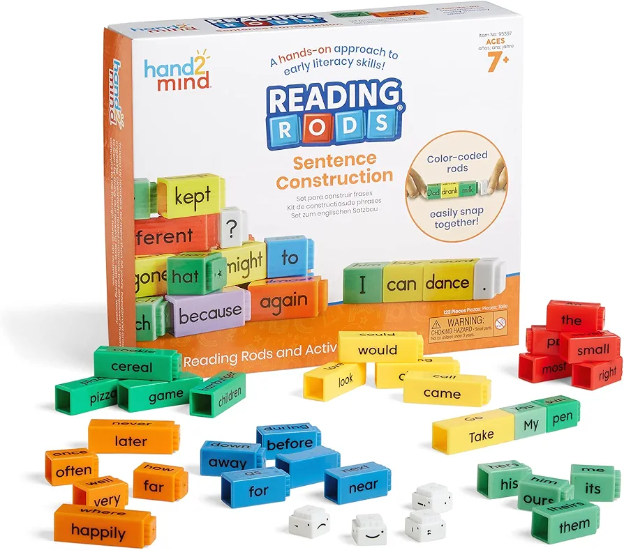 hand2mind Reading Rods Sentence Construction, Sentence Building for Kids, Parts of Speech Linking Cubes, Learn to Read Toys, Reading Tools for Kids, Science of Reading Manipulatives