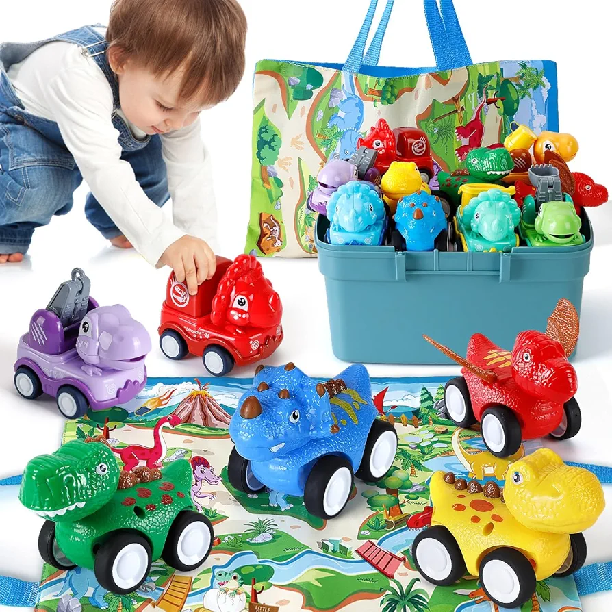 Car Toys for 1 Year Old Boy Gifts, 10PCS Mini Pull-Back Dinosaur Trucks for Toddler Age 1-2, Baby Toys 12-18 Months with Playmat Storage Box, 1st Christmas Birthday Gifts for One Year Old