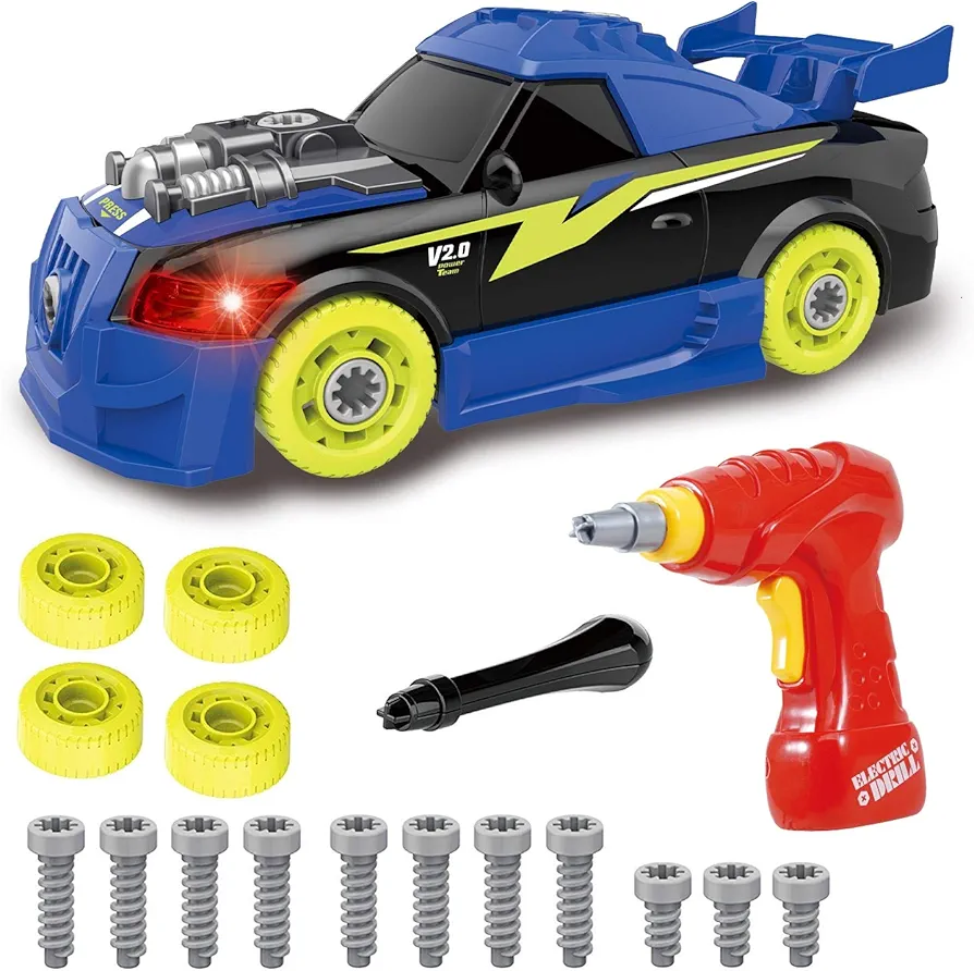 Take Apart Toy Racing Car Sound Light, 2 in 1 Build Your Own Car, Drill & Power Tools, Gift Present Children Construction Building Toys for Age 3+ Year Old Boy Kids(4 Spare Screws Included)