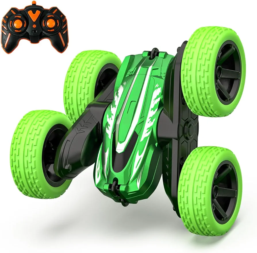 BEZGAR Remote Control Car - 2.4Ghz Double-Sided Driving Mini RC Cars, 360° Flips Rotating 4WD All Terrain RC Stunt Car, Car Toys Birthday Gifts for Boys & Girls (Green)