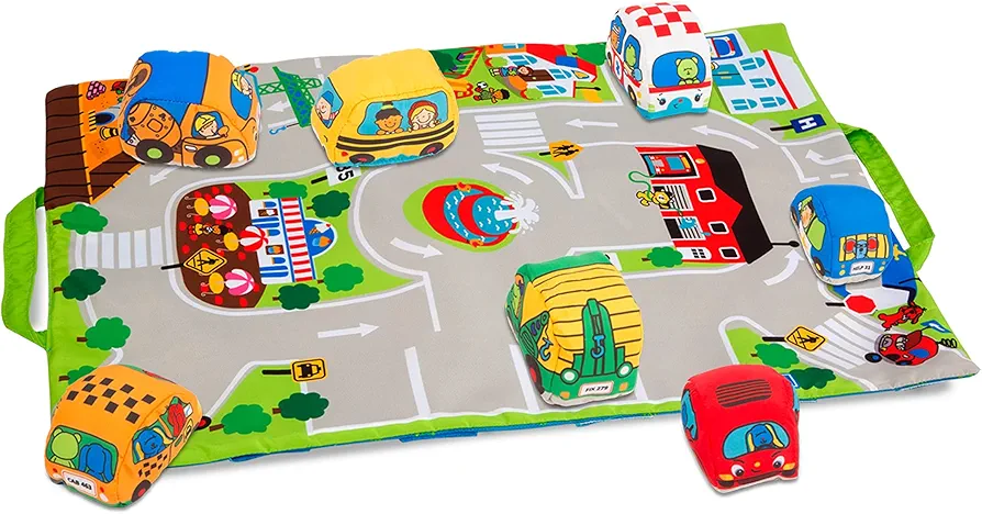 Melissa & Doug Take-Along Town Play Mat (19.25 x 14.25 inches) With 9 Soft Vehicles - With Storage Bag, Toy Vehicle Play Sets For Babies