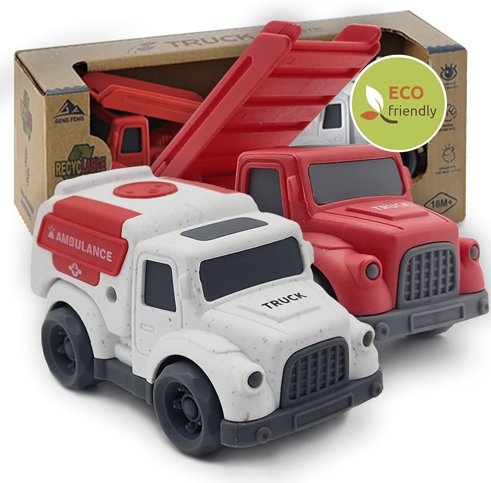 Toddler Car Toys for 1-3 Year Old, Fire Truck, Ambulance, PVC, BPA Free, Phthalates Free, Easter Christmas Birthday, Dishwasher Safe, Recycled Plastic, Gifts for 2 3 4 Year Boy Girl.