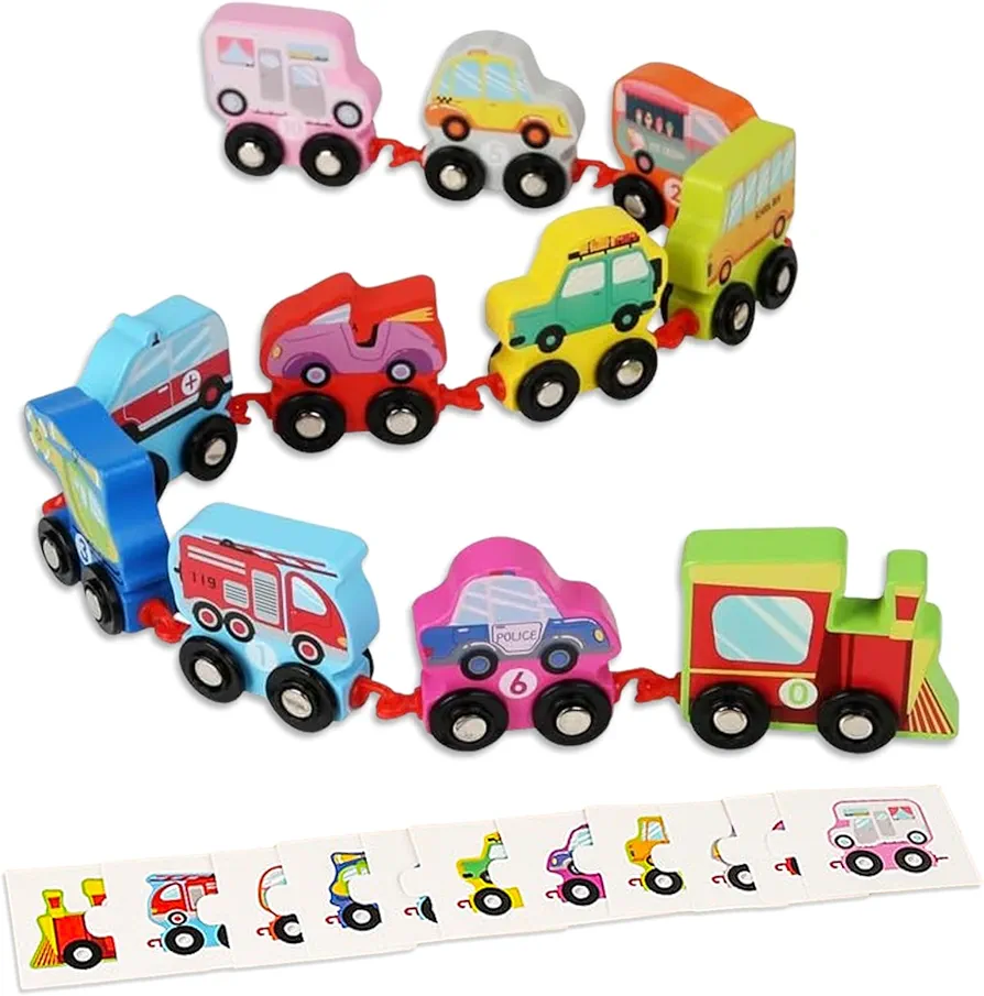 HOMEE Wooden Transportation Train Set for Toddler,11 Pieces Train Toys with Puzzles,Montessori Train Car Educational Toys with Numbers 0-10 for 3 4 5 Year Old Kids Boys Girls Gifts