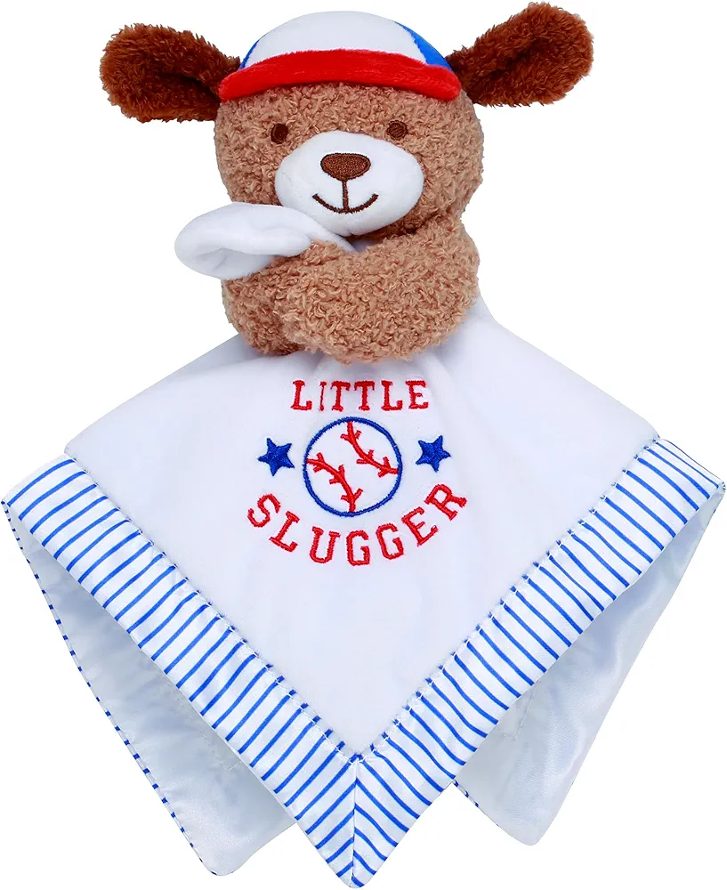 Plush 13 inch Snuggle Buddy with Toy Rattle and Satin (White Puppy, Little Slugger Baseball)