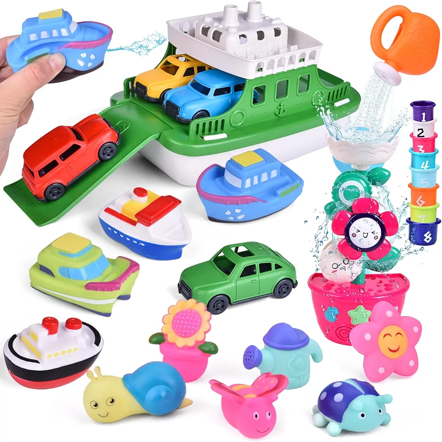 25 PCS Bath Toys for Toddlers boys and girls, Flower Waterfall Water Station, Garden Squirter Toys, Stacking Cups, Watering Can, and Ferry Boat with 4 Mini Cars for Kids Aged 1-5 Pool and Beach