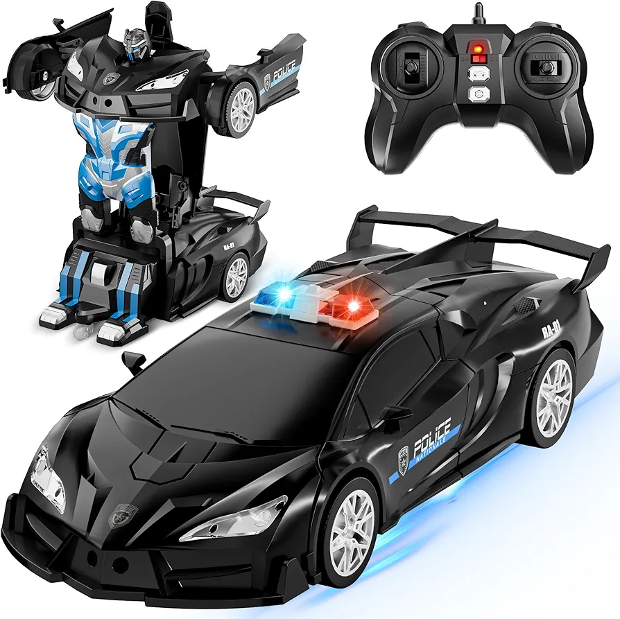 Remote Control Car, Transform Robot RC Cars, 2.4Ghz 1:18 Scale Transforming Police Car Toys with One-Button Deformation and 360° Rotating Drifting, Gift for Kids 8-12 Boys Girls (Black)