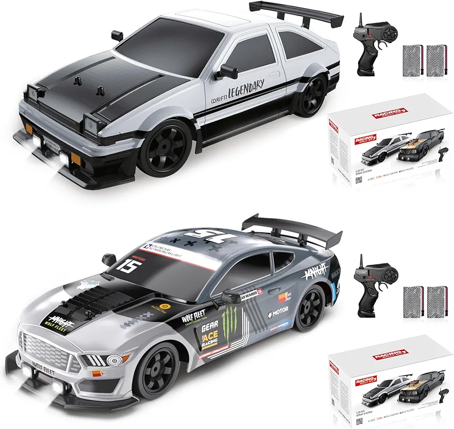 2PCS Remote Control Car RC Drift Car 1:16 Scale 4WD 18KM/H High Speed Model Vehicle 2.4GHz with LED Lights Spray Rubber Tire Racing Sport Toy Car for Adults Boys Girls Kids Gift 2Pcs Rechargeable Batt