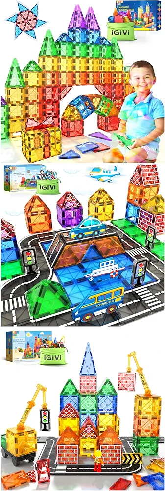 Magnetic Tiles STEM Building Blocks Toys & Games,Road Set with Car Toys for 3+ Year Old Boys & Girls,Construction Set with Magnet Crane Car Toys