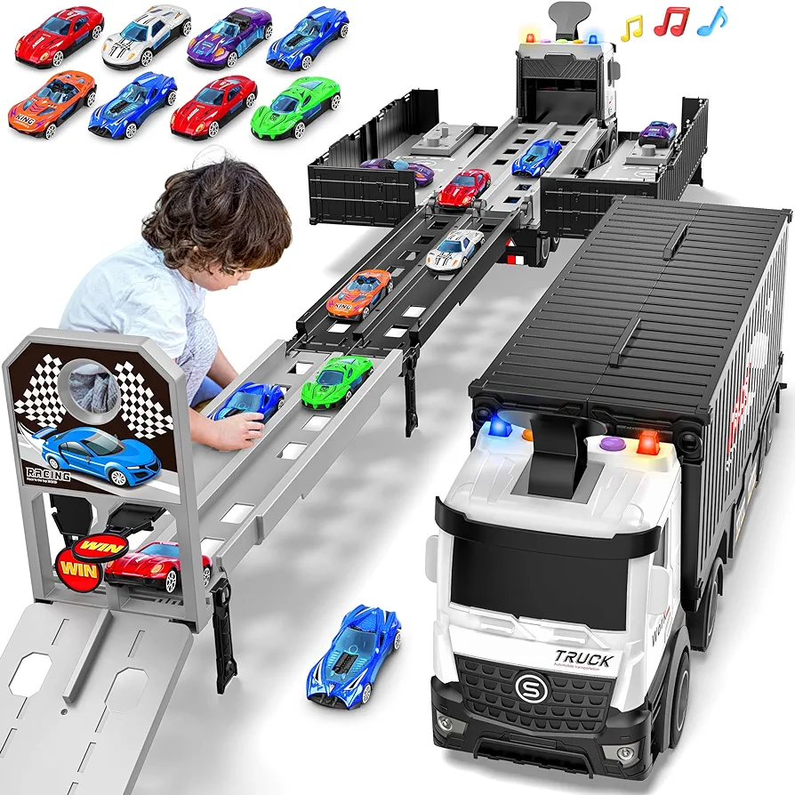 Carrier Truck Race Track Boys Toys, Foldable 3 Layer Car Race Track Playset, Toy Truck Transport Car Carrier & 8 Race Cars, Truck Car Toddlers Toys B-Day Gifts for Age 3 4 5 6+ Years Old Boys Toys