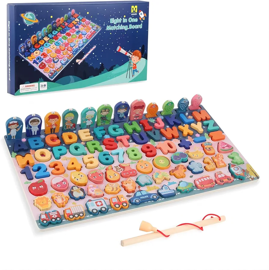 Educational toys for toddlers 1-3 Magnetic Fishing Game for Kids - Fun Alphabet & Number toddler learning toys -Wooden Sorting Stacking Toys for Kids, Educational Shape Color Recognition Toy