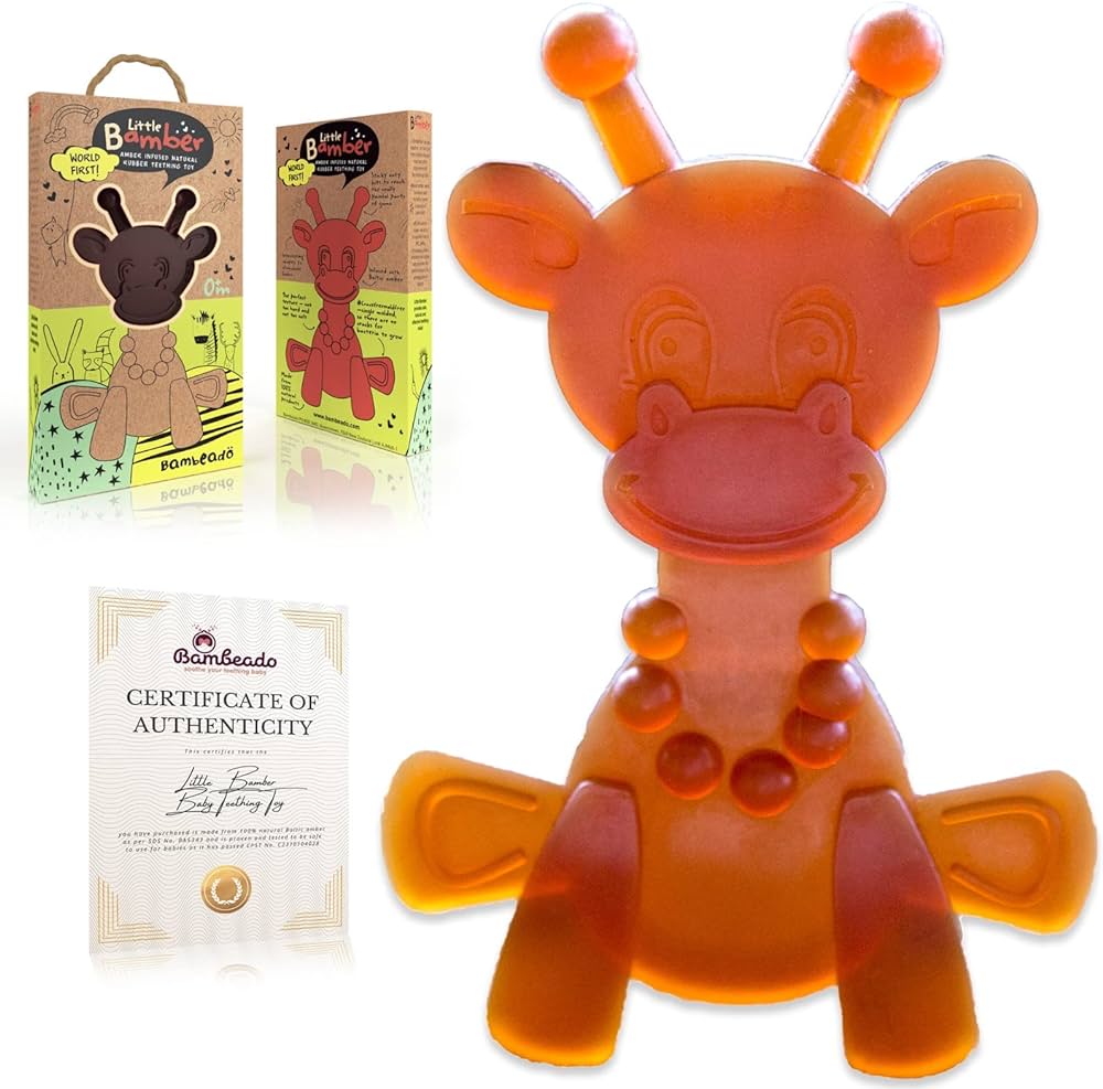 Amber Oil Baby Teething Toy – Little Bamber, Natural Amber, Teething Relief Rubber Giraffe Teething Toy, Special Baltic Teether Toy for Sore Gums – Alternative to Amber Teething Necklace (brown)