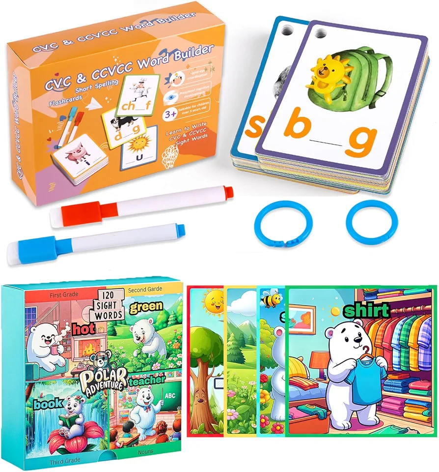 Sight Words Reading Writing Flash Cards, CVC Word Short Vowel Spelling Games, Learn to Read Write Montessori Educational Toy Gift for 3 4 5 6 Year Old Kids Kindergarten Learning Activities