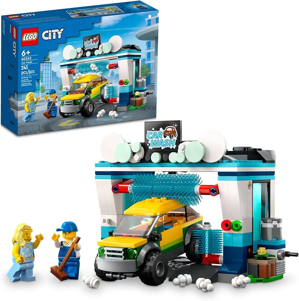 LEGO City Car Wash 60362 Building Toy Set, Fun Gift Idea for Kids ages 6+, Features Spinnable Washer Brushes and includes an Automobile and 2 Minifigures