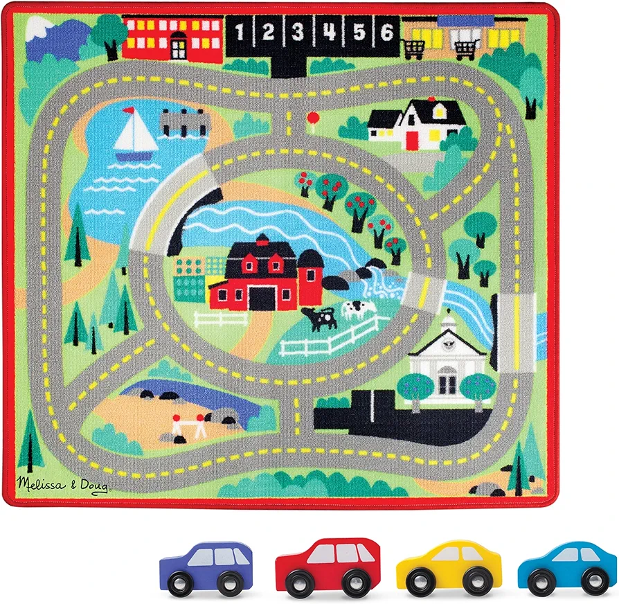 Melissa & Doug Round The Town Road Rug & Car Set (Cars & Trucks, Safe for All Floors, 4 Wooden Cars, 91.44 cm W x 99.06 cm L)