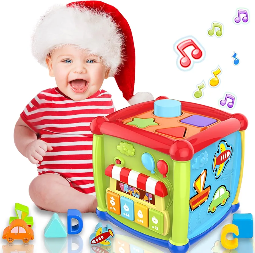 Activity Cube Baby Toys 6 to 12 Months,6-in-1 Early Learning Montessor Toys for 1 Year Old Shape Sorter Piano Keyboard Light Up Music Toddlers Toys for 1 2 Years Boys Girls Gifts