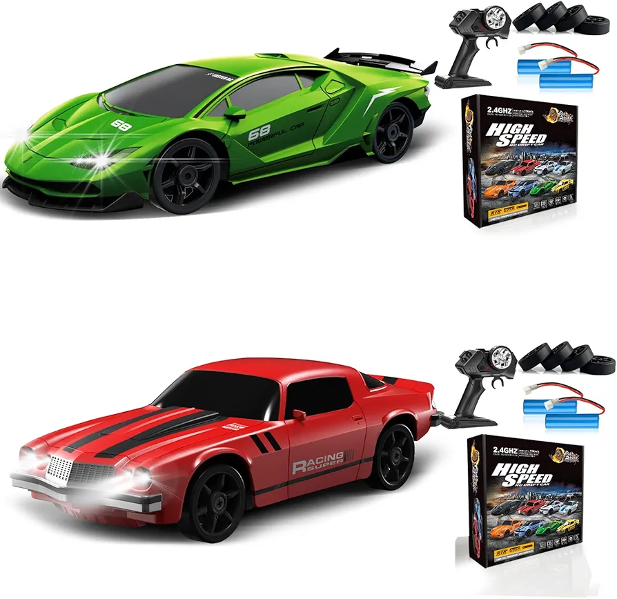 2PCS Remote Control Car RC Drift Car 2.4GHz 1:24 4WD 15KM/H High Speed Racing Sport Car with LED Lights Drifting Tire Racing Sport Toy for Adults Boys Girls Kids Gift 2Pcs Rechargeable Batteries