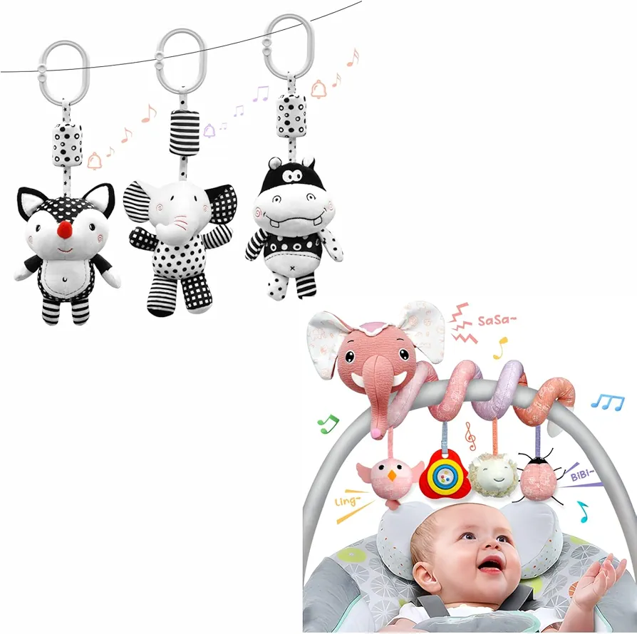 XIXILAND Car Seat Toys Newborn Toys Musical Stroller Toys & Black and White Baby Toys 0-3 Months Hanging Rattle Toys, Infant Toys Brain Development for 0 3 6 9 12 Months Boys Girls