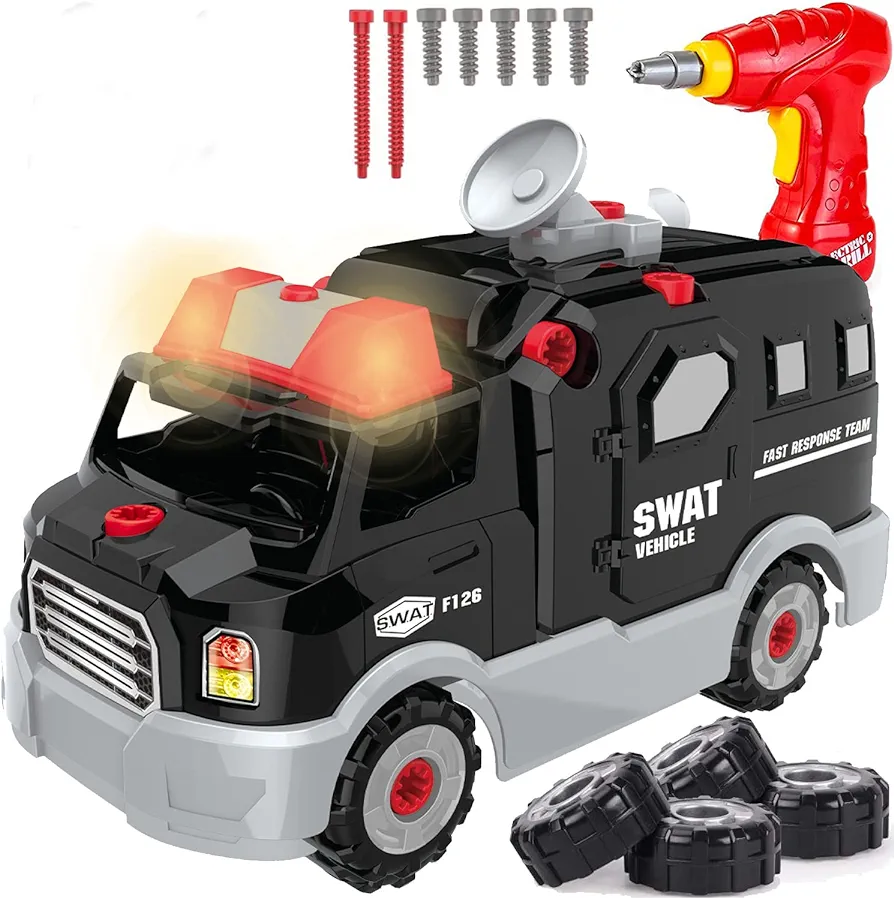 Liberty Imports Take Apart Toy Set, Build Your Own Vehicle with Drill, Sounds & Lights, Buildable STEM Learning Construction Kit for Toddlers, Kids, Boys (SWAT Truck)