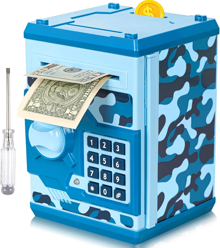 ATM Piggy Bank for Boys Girls, Vcertcpl Mini ATM Coin Bank Money Saving Box with Password, Kids Safe Money Jar for Adults with Auto Grab Bill Slot, Great Gift Toy Bank for Kids