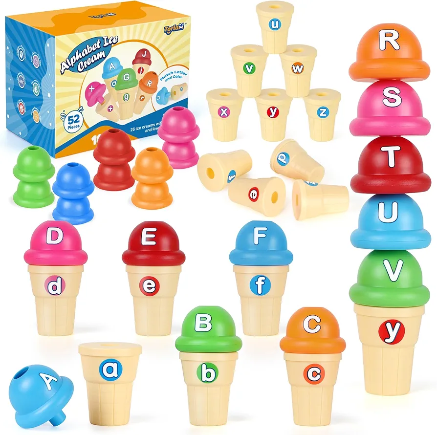 Alphabet Learning Ice Cream Toy Play Set, Toddler Learning Toy ABC Letter Recognition Matching 26 Letters Games, Kindergarten Preschool Classroom Must Haves Kids Learning Activities, 52 Pieces