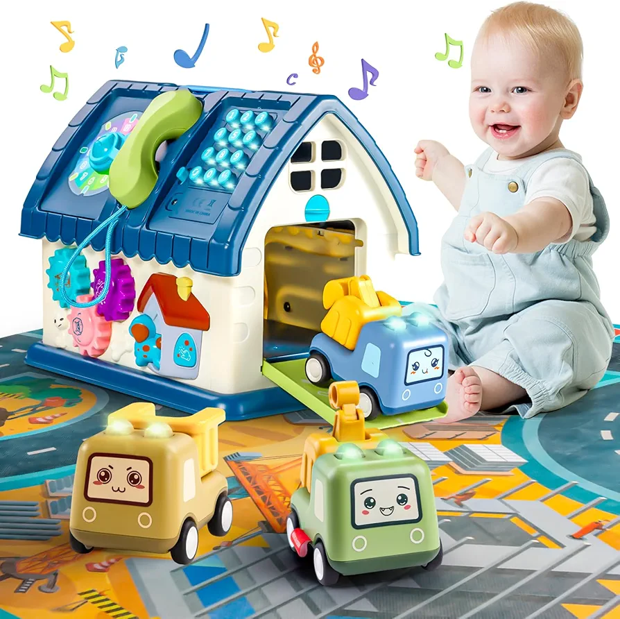 Toddler Montessori Toys for 1+ Year Old Boys, Activity Cube Learning Toys with Engineering Car and Map Sound/Lights/Music, Early Educational House Baby Birthday Toys