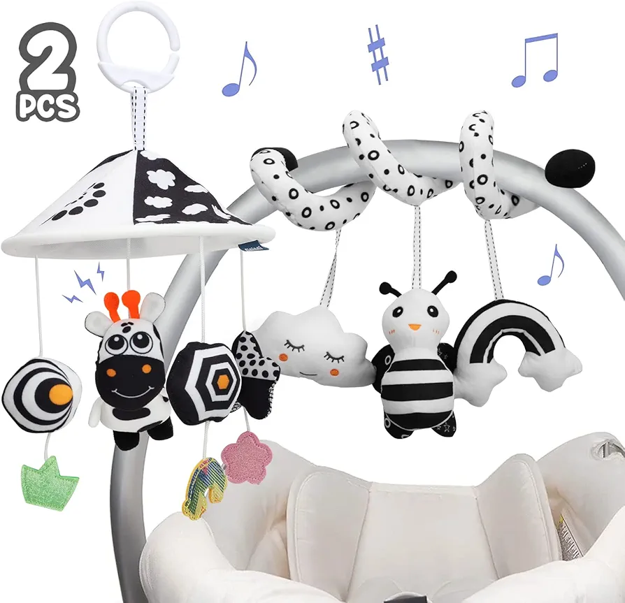 TOY Life 2 Pack Hanging Baby Toys 0-6 Months, Car Seat Spiral Toys for Babies 0-6 Months, Crib Toys Hanging Newborn Toys Black and White Hanging Stroller Activity Toy for Babies, Infant Carseat Toys