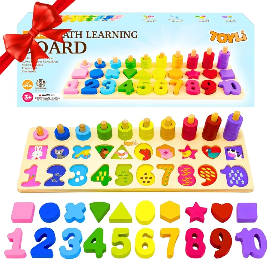 Educational Math Learning Board and Puzzle Wooden 4 in 1, Wooden Stacking Toy