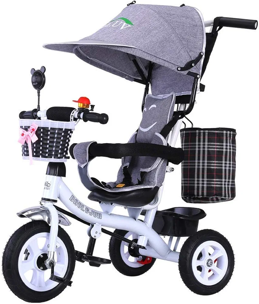 Children's Tricycle Baby Stroller Toddler Toy Car Multifunctional Bicycle Safety Belt Fence Riding Toys Baby Birthday Present (Color : Gray) (Color : Gray)