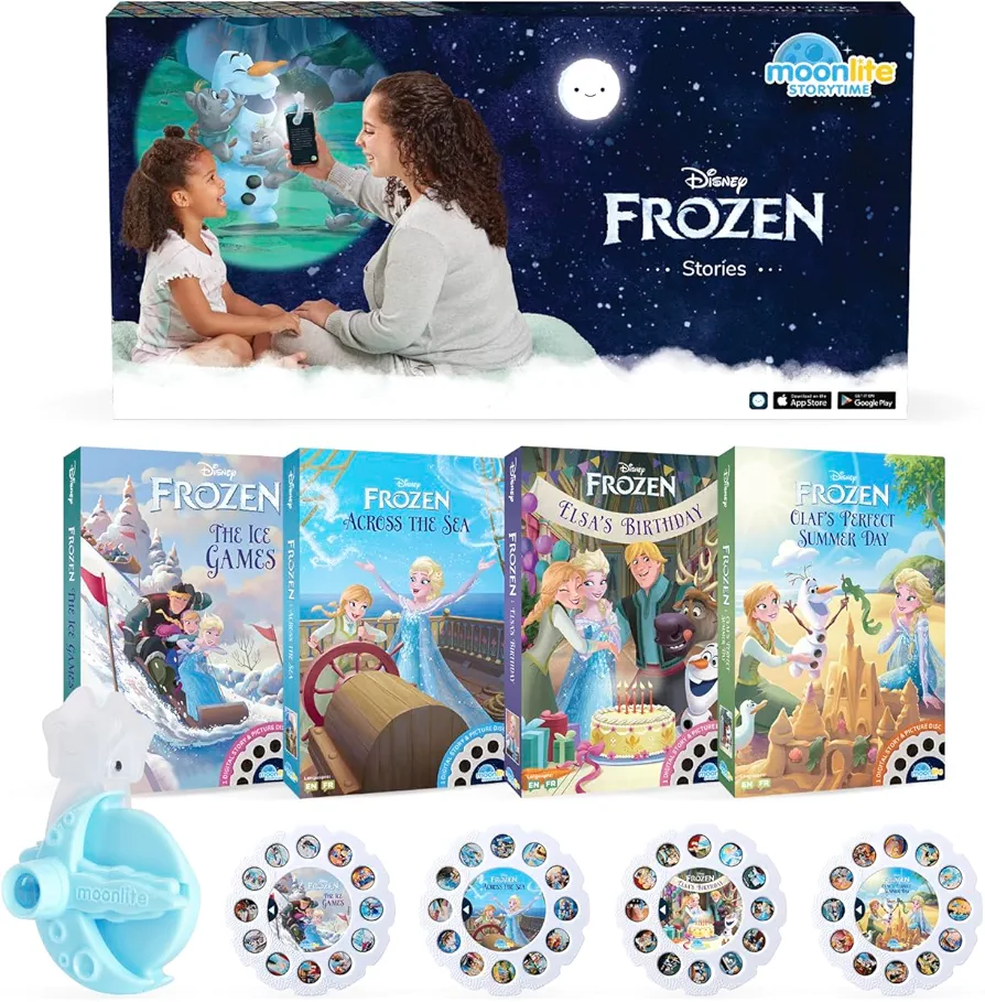 Moonlite Storytime Mini Projector with 4 Disney Frozen Stories, A Magical Way to Read Together, Digital Princess Storybooks, Fun Sound Effects, Learning Gifts for Kids Ages 1 and Up