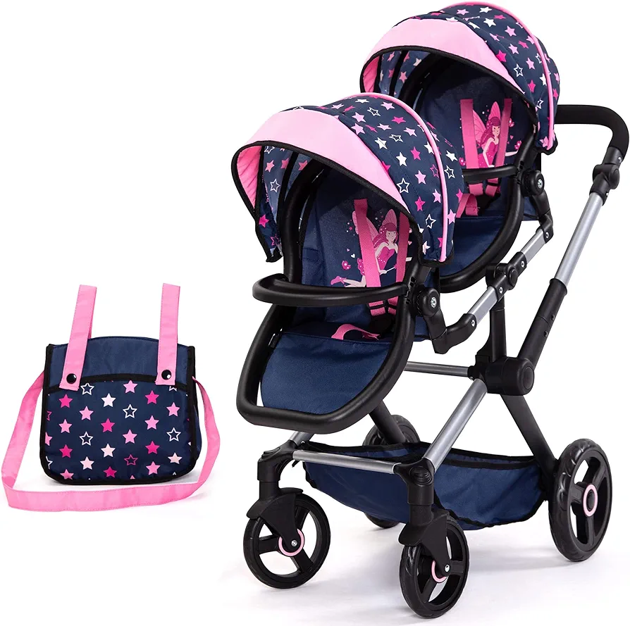 Bayer Design Dolls: Xeo Twin Pram: Stars Navy & Pink - Matching Handbag, Adjustable Handle, Dolls Up to 20", Ages 3+