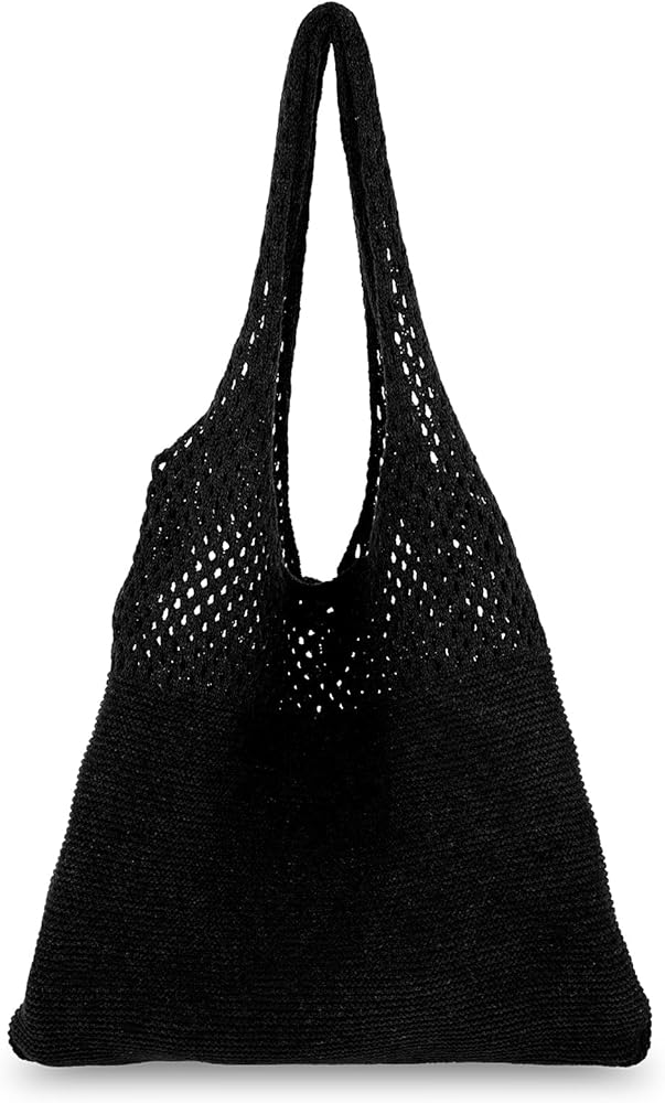 Crochet Mesh Beach Tote Bag, Knitting Hollow Shoulder Handbags Boho Summer Aesthetic Bags for Women Vacation(black)